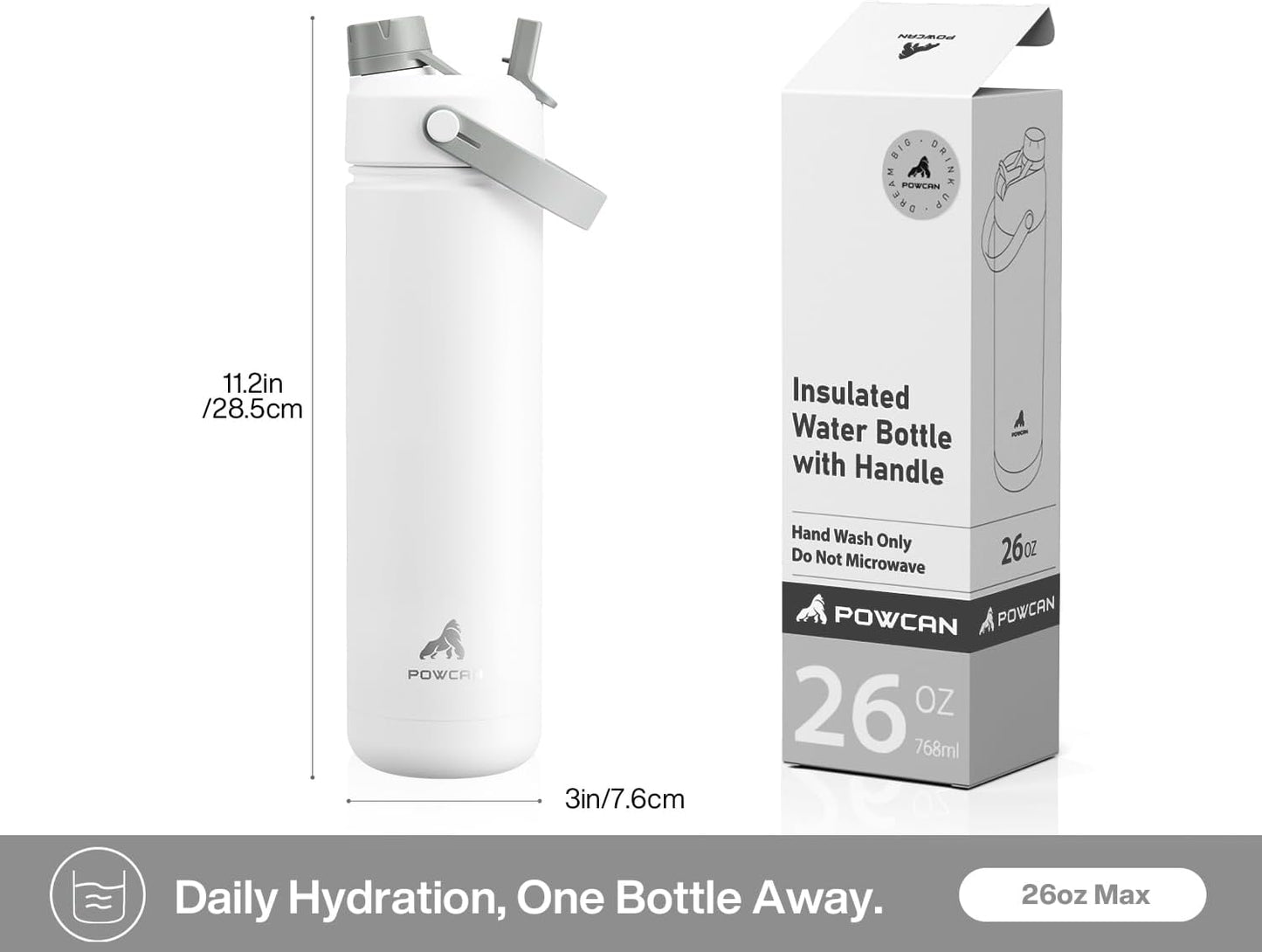 26 oz Insulated Water Bottle with 2-in-1 Straw and Spout Lid, Keep Cold 24H, Leak-Proof, Fits in Car Cup Holder, Stainless Steel Water Bottle for Sports, Travel, and School (Polar)