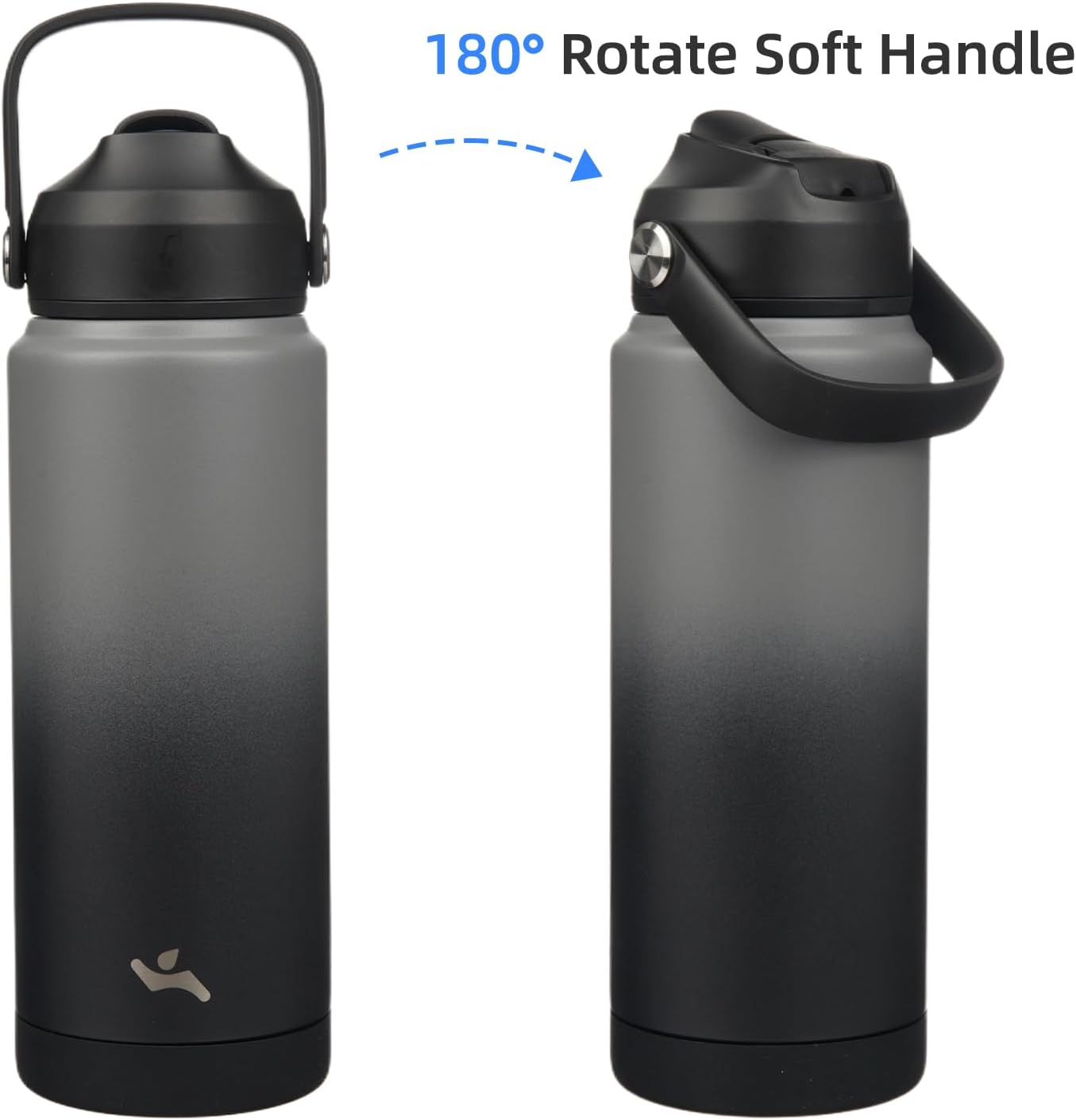 Insulated Water Bottle with Straw Lid,24 oz Stainless Steel Vacuum Metal Bottle with Silicone Handle,Gray Black