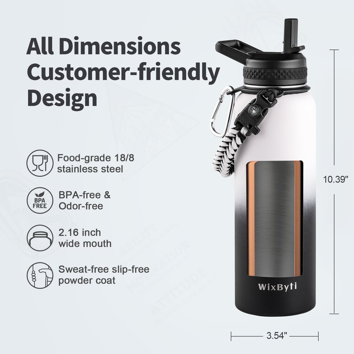 40 oz Insulated Water Bottle with Straw (Cold for 48 Hrs), Stainless Steel Triple Wall Vacuum Sports Water Jug, Leakproof Hydro Cup Flask with Paracord Handle & Straw Spout Lids & DIY Stickers