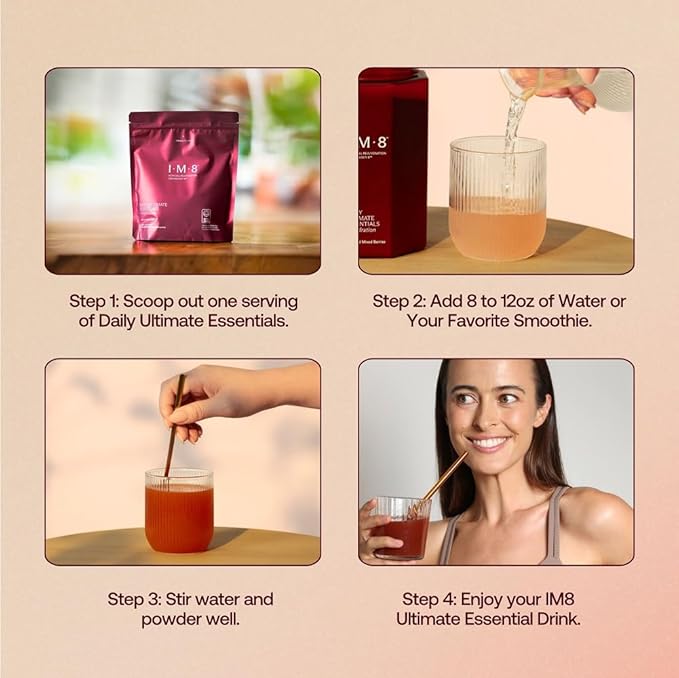 IM8 Daily Ultimate Essentials All-in-1 Multivitamin Supplement, 92 Nutrient Rich Ingredients CoQ10, Probiotics, Vitamins, Greens, GF, Acai Mixed Berry (30 Servings, Refill Pouch)