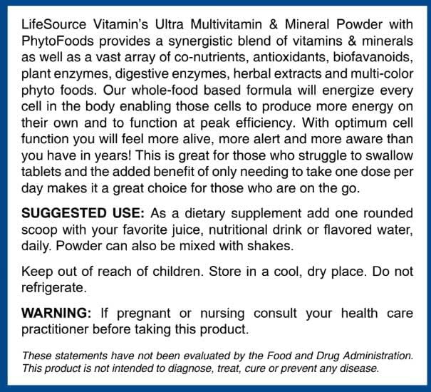 LifeSource Vitamins Ultra Multi Vitamin & Mineral Powder w/Phytos Reds Phyto Purples and Phyto Oranges - 30 Day Supply