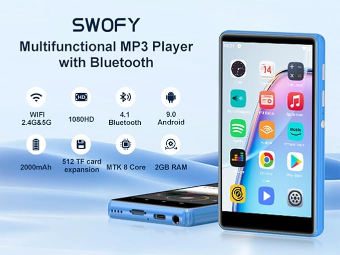 80GB MP3 Player with Bluetooth and WiFi,4-inch Touch Screen MP3 Player with Bluetooth, Spotify, Amazon Music, Audible, Spotify Kids, Pandora, M503Pro Andriod MP4 & MP3 Music Player up to 1TB Blue