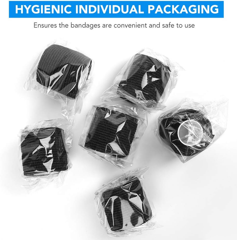 LotFancy Self Adhesive Bandage Wraps, 2 inch x 5 Yards Cohesive Bandages, 14 Pack Non Woven Black Athletic Tapes for Sports