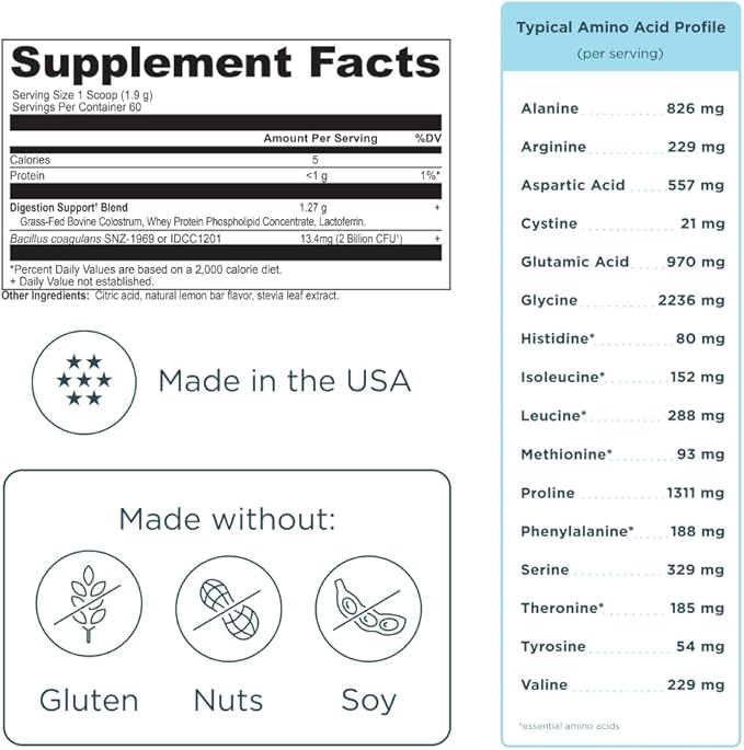 Ancient Nutrition Colostrum Superfood Powder, Grass Fed Bovine Colostrum, Supports Healthy Gut Microbiome and Immune System, Clinically Studied Lactoferrin & Probiotics, Lemon Bar, 60 Servings