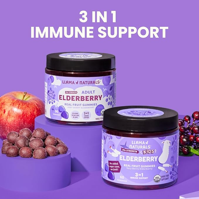 Llama Naturals Elderberry Gummies for Adults, Vegan, Organic Immune Support Supplement with Vitamin C and Zinc, Real Fruit Gummy Vitamins for Immunity, Chewable, No Added Sugar Cane, 90 Ct