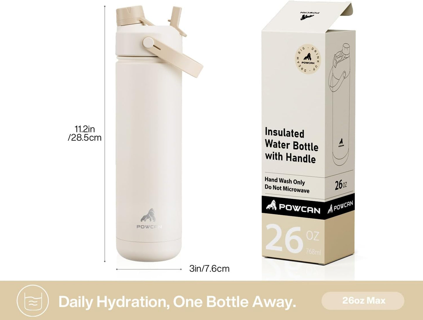 26 oz Insulated Water Bottle with 2-in-1 Straw and Spout Lid, Keep Cold 24H, Leak-Proof, Fits in Car Cup Holder, Stainless Steel Water Bottle for Sports, Gym, Travel, and School (Mousse)