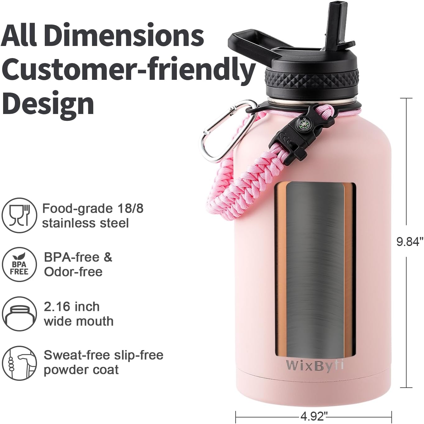 64 oz Insulated Water Bottle with Straw (Cold for 48 Hrs), Half Gallon Stainless Steel Triple Wall Vacuum Sports Water Jug, Leakproof Hydro Cup Flask with Straw Spout Lids & DIY Stickers