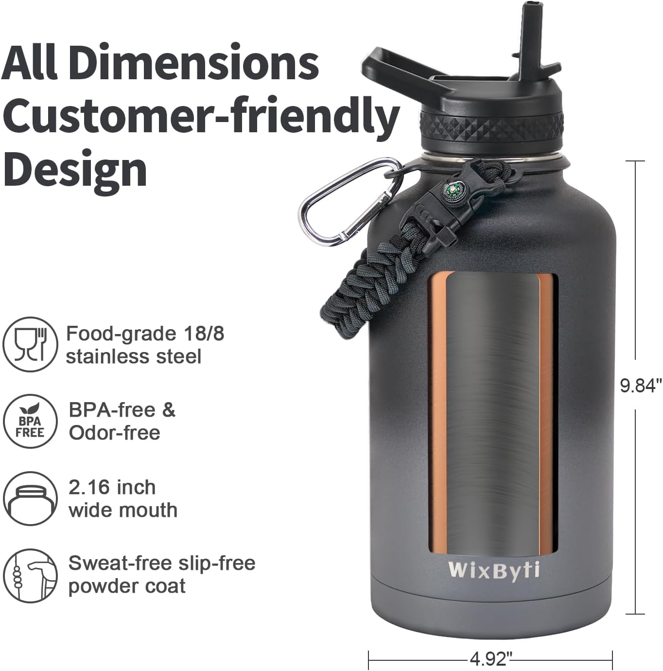 64 oz Insulated Water Bottle with Straw (Cold for 48 Hrs), Half Gallon Stainless Steel Triple Wall Vacuum Sports Water Jug, Leakproof Hydro Cup Flask with Straw Spout Lids & DIY Stickers
