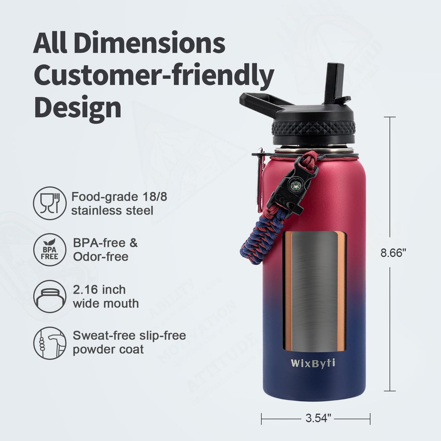 32 oz Insulated Water Bottle with Straw (Cold for 48 Hrs), Stainless Steel Triple Wall Vacuum Sports Water Jug, Leakproof Hydro Cup Flask with Paracord Handle & Straw Spout Lids & DIY Stickers