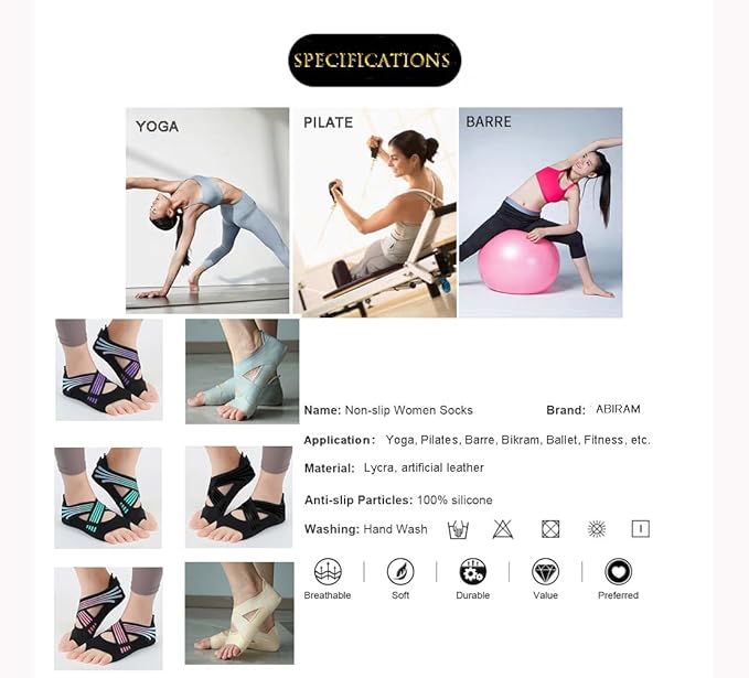 ABIRAM Yoga Socks Toeless Non-Slip Grips & Straps, for Pilates, Barre, Ballet, Bikram, Workout for Women