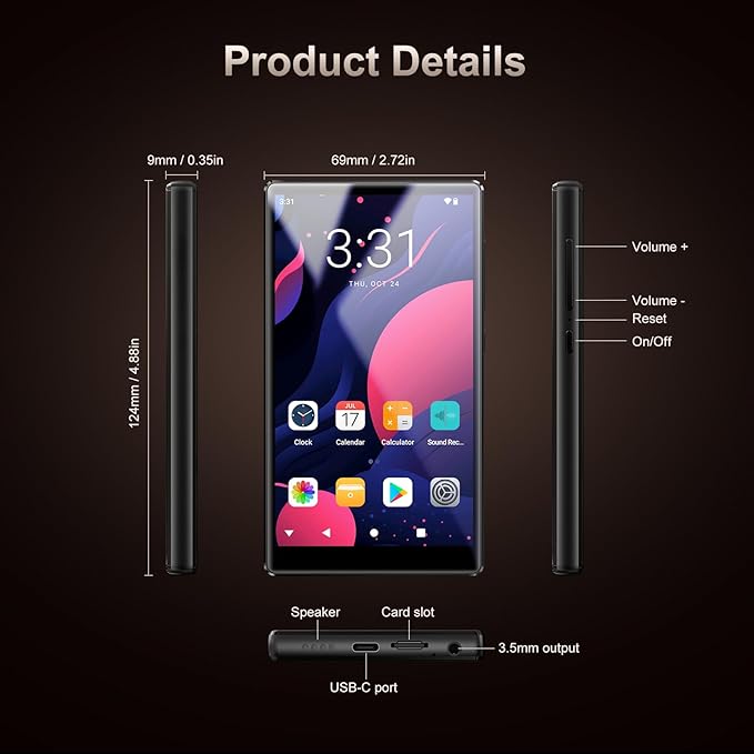 96GB MP3 Player with Bluetooth WiFi, Android 13 OS MP3 & MP4 Players with 5" IPS HD Touchscreen and Speaker, 4GB RAM & 32GB ROM, 2500mAh Music Player with Spotify, Play Store