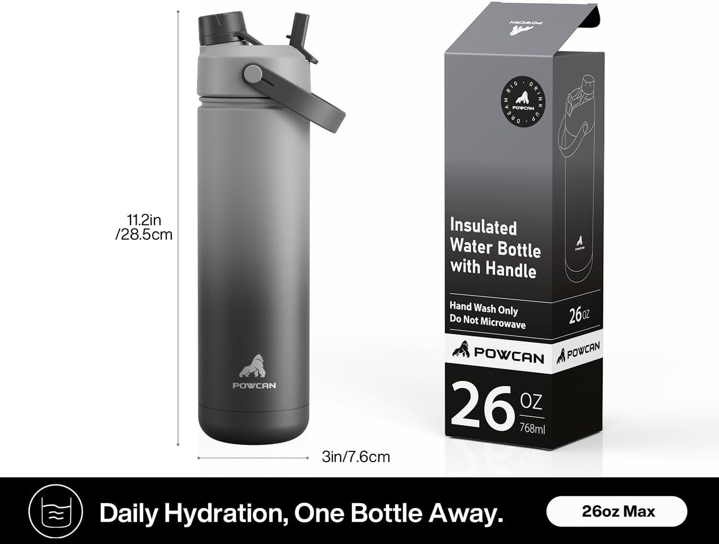 26 oz Insulated Water Bottle with 2-in-1 Straw and Spout Lid, Keep Cold 24H, Leak-Proof, Fits in Car Cup Holder, Stainless Steel Water Bottle for Sports, Travel, Gym, and School (Obsidian)