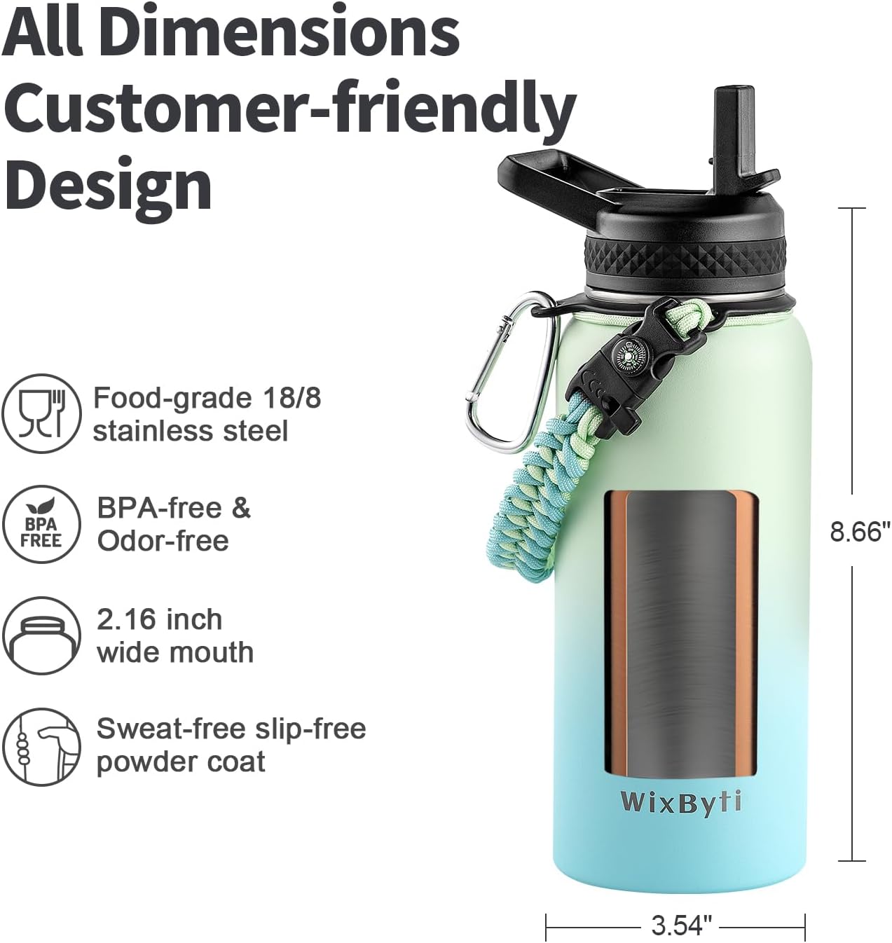 32 oz Insulated Water Bottle with Straw (Cold for 48 Hrs), Stainless Steel Triple Wall Vacuum Sports Water Jug, Leakproof Hydro Cup Flask with Paracord Handle & Straw Spout Lids & DIY Stickers
