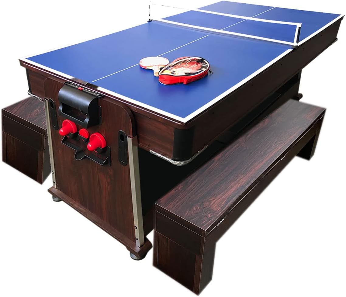 7ft Pool Table Air Hockey 3 in 1 Pool Table Red Felt with Storage Benches - Crown