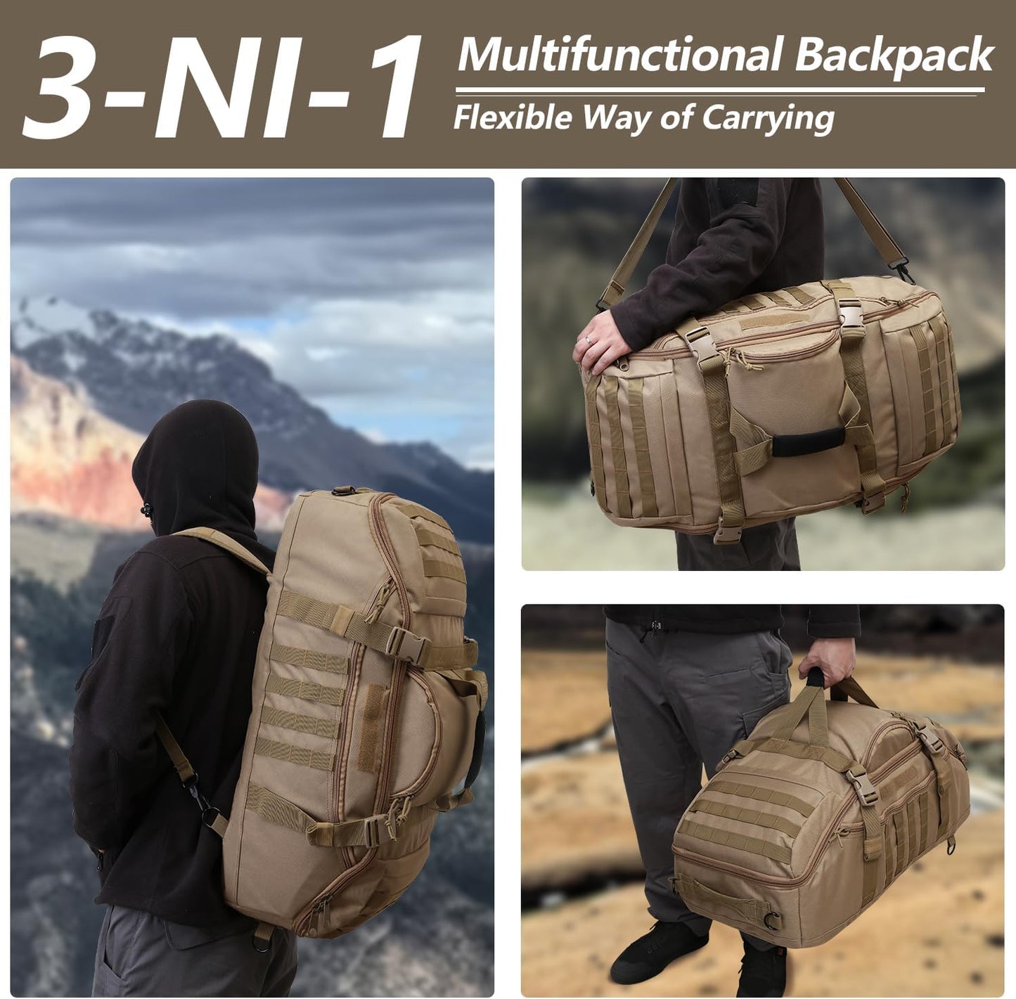 55L Large Duffle Bag, 3-in-1 Tactical Backpack MOLLE Pack for Gym, Sports, Outdoor, Coyote