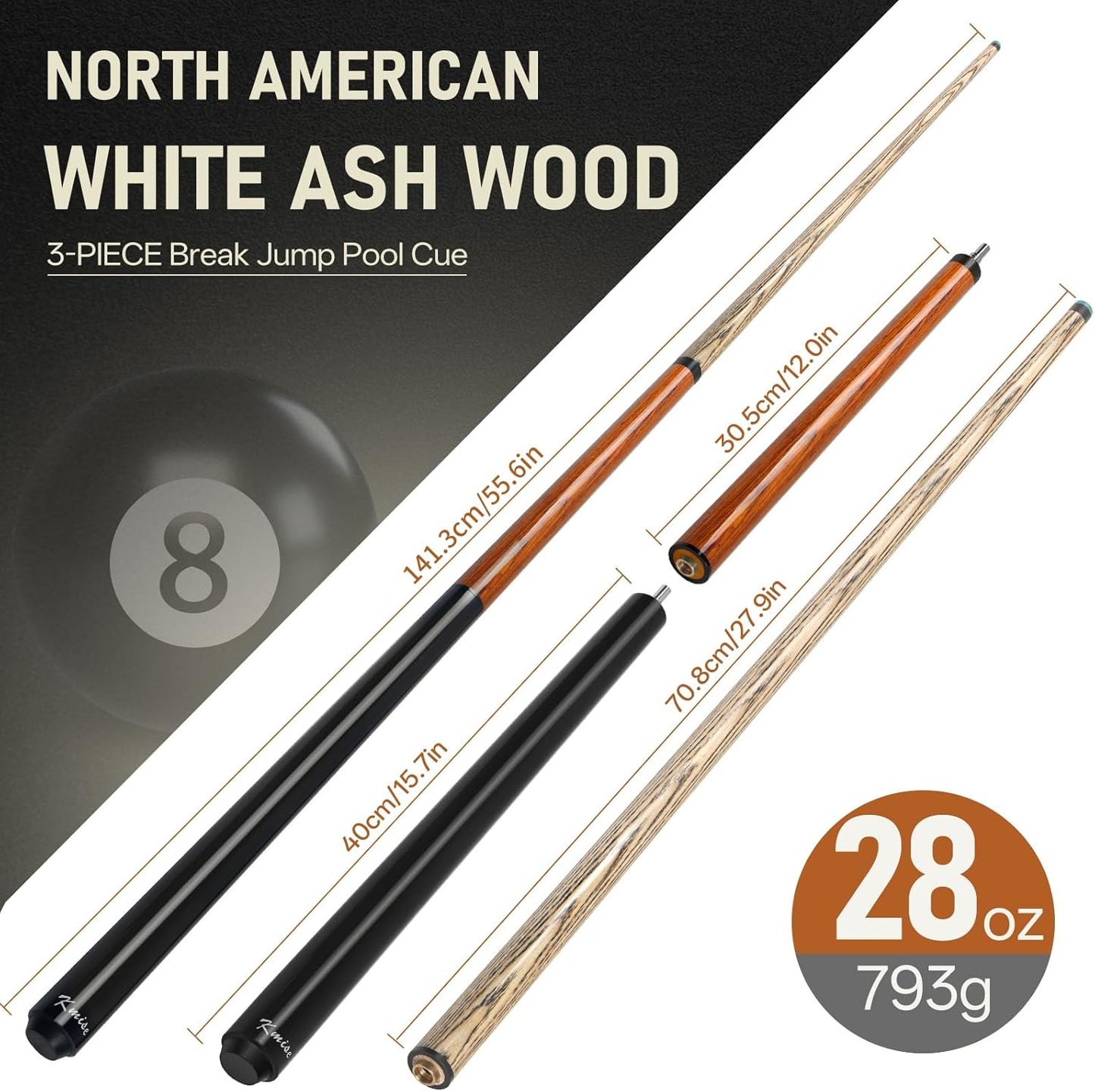 Kmise Break Jump Cue Stick - 21oz 23oz 25oz 28oz Pool Stick for Explosive Breaks and Effortless Jumps, Heavy Hitter Jump&Break Pool Cue with 14mm Pro Breaking Tip, Includes Pool Chalk and Glove