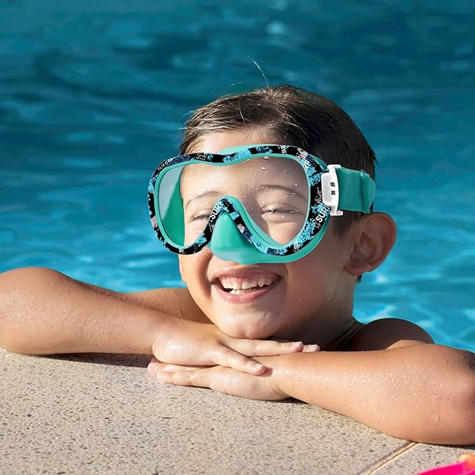 Kids Swim Goggles 180° Snorkel Diving Mask with Nose Cover, Anti-Fog Kids Swimming Goggles with Elastic Fabric Strap for Kids Boys Girls