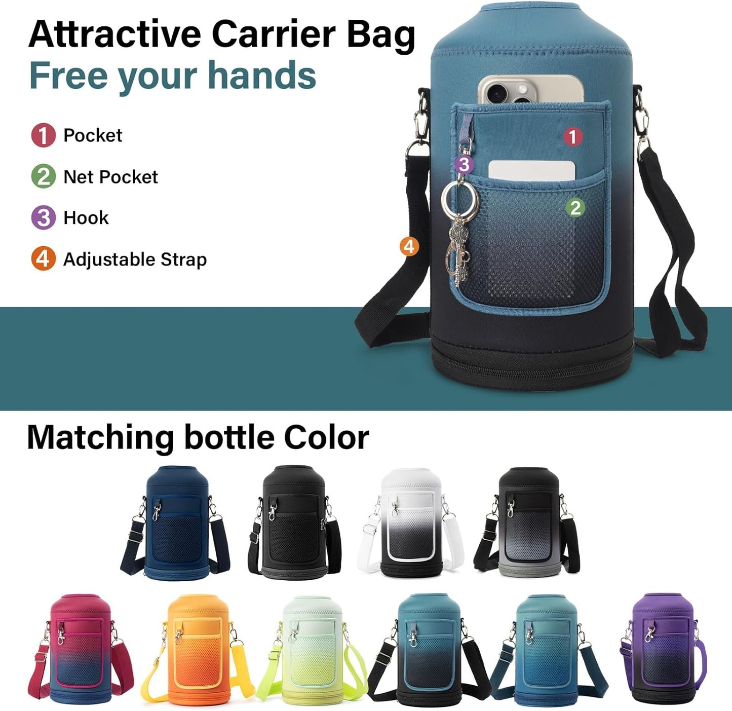 1 Gallon Water Bottle Insulated | Thickened Stainless Steel Vacuum Metal Water Jug | Portable Sports Large for Gym and Hiking with Straw, Carrier Bag, Handle Strap | BPA-Free 128 oz