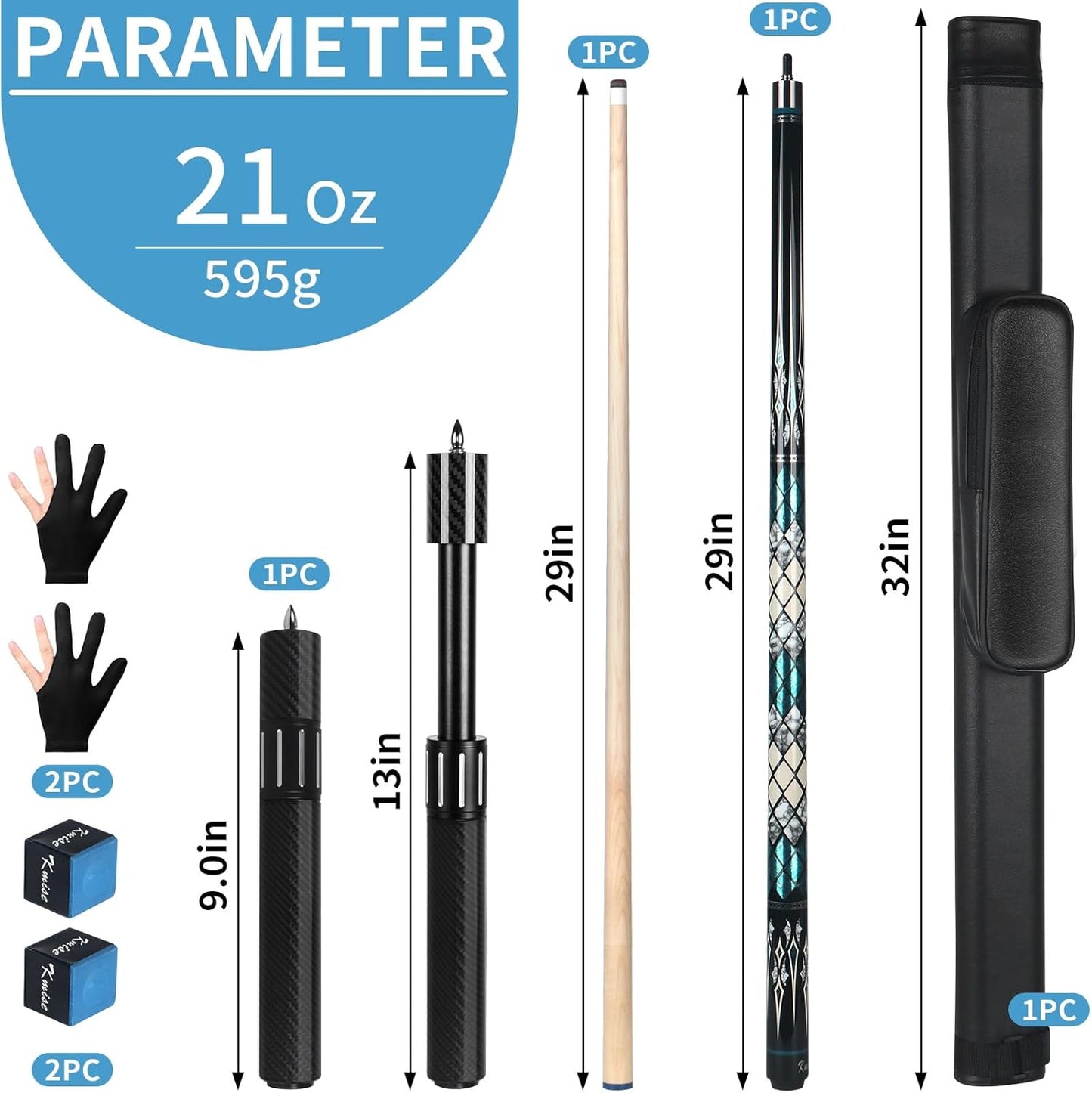 Kmise Professional Pool Cue Stick - 19 20 21oz Canadian Maple Cue Sticks, Low Deflection Shaft with Telescopic Carbon Fiber Extension, Pool Sticks for Aults, Billiard Cue Sticks with Leather Cue Case