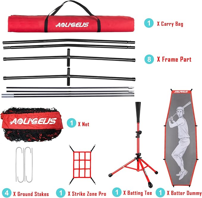 7'X7' Baseball Softball Practice Net,Pitching Net,Batting Net,with Baseball Tee,Bonus Strike Zone and Bow Frame,for Hitting,Pitching, Catching