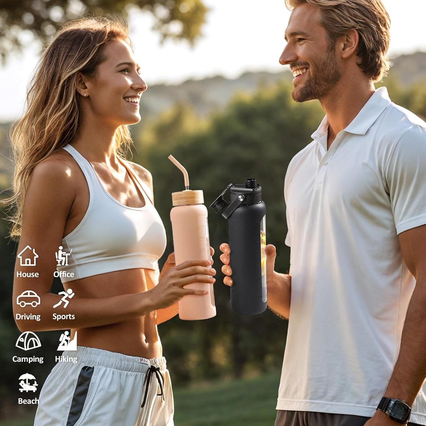 Kodrine Water Bottle with Straw, 24 oz Glass water Bottle with 2 Lids Bamboo Straw Lid and Spout Lid with Handle, 32 oz Clear Water Bottle Glass for Sports Travel, Waterbottle with Time Marker