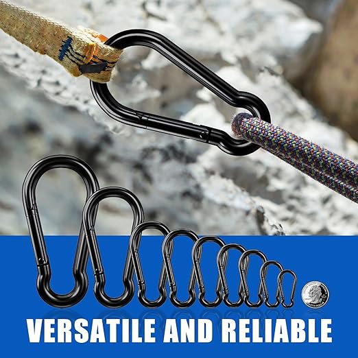 KINLINK 2 Pack Black Carabiner Clip, 7 inch Heavy Duty Spring Snap Hook, Large Caribeener Clips for Camping, Swing Set, Hammock, Hiking, Travel, Weight Lifting Machine, Home Gym Equipment