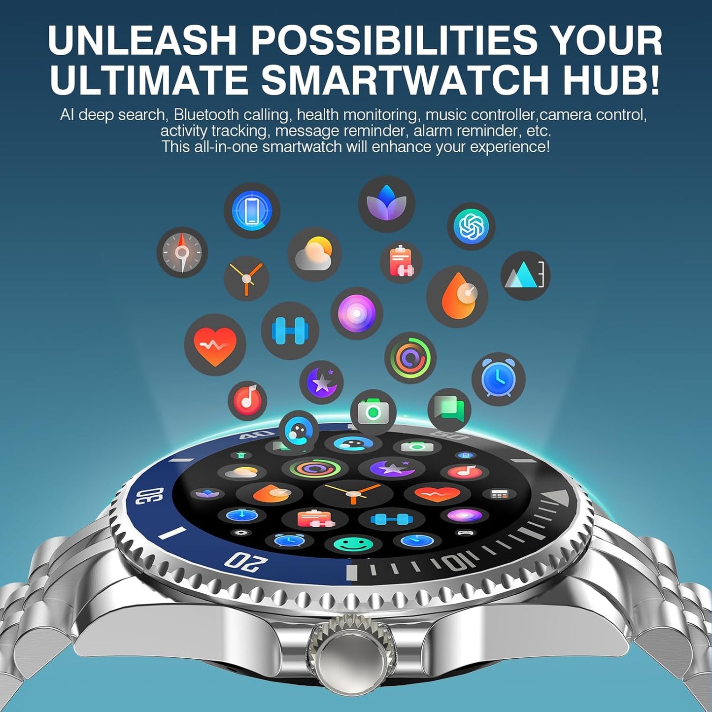 2025 DA GPT Smart Watch for Men, Heart Rate, Blood Pressure, Blood Oxygen, Sleep Monitor, 107 Sports Modes, 1.19-inch AMOLED Display, Waterproof Round Watch, Compatible Android and iOS Silver Blue