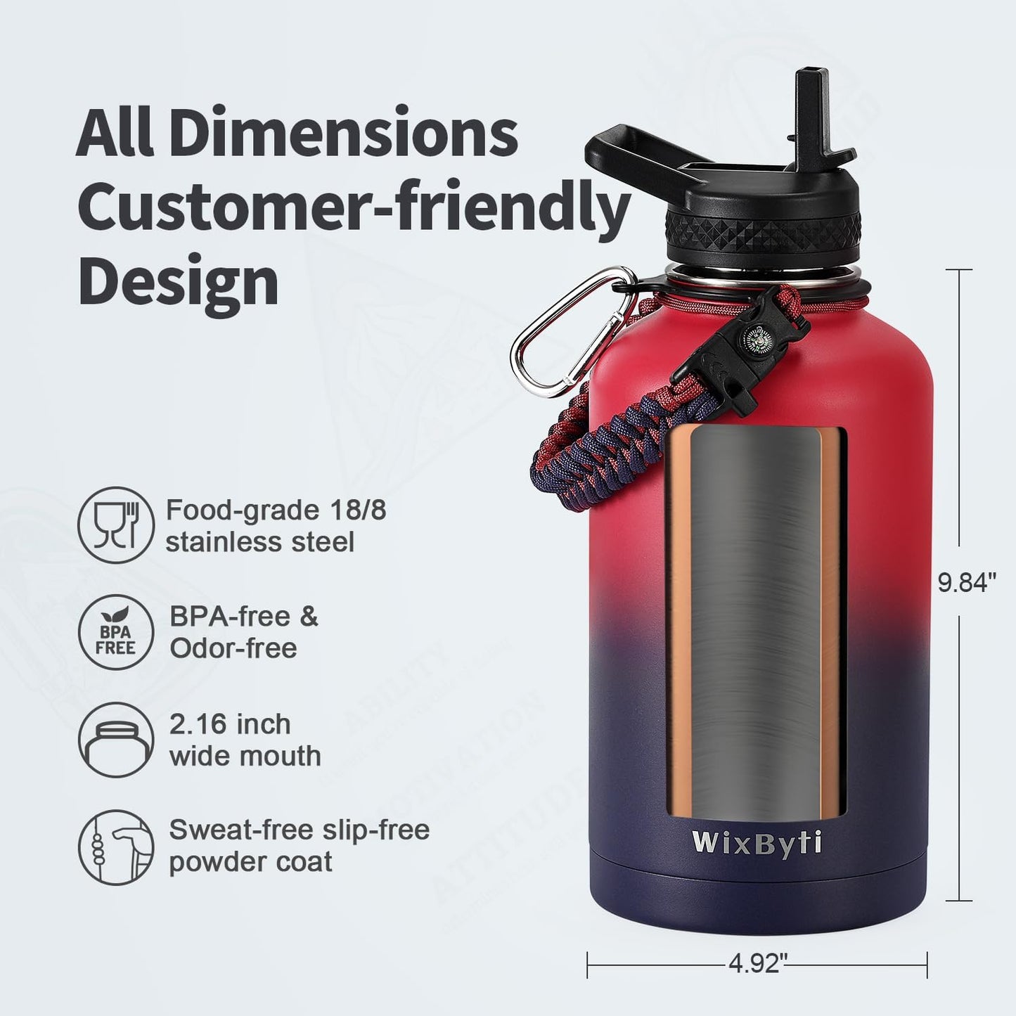 64 oz Insulated Water Bottle with Straw (Cold for 48 Hrs), Half Gallon Stainless Steel Triple Wall Vacuum Sports Water Jug, Leakproof Hydro Cup Flask with Straw Spout Lids & DIY Stickers