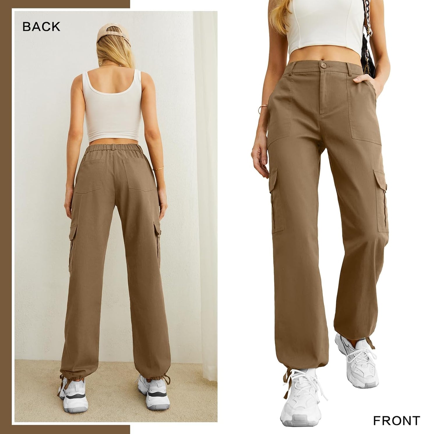 Lepunuo Women's High Waisted Cargo Pants Travel Y2K Streetwear Baggy Stretchy Pants with 6 Pockets Drawstring Ankle Cuffs