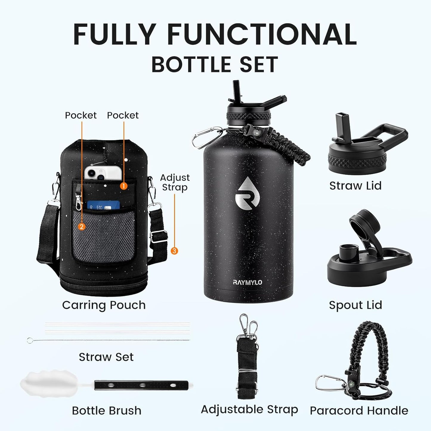 128oz Insulated Water Bottle, Triple Wall Vacuum Stainless Steel Water Bottles - Keeps Cold 48H, Reusable One Gallon Flask Jug for Gym, Sports, Camping, Hiking,Travel, Black Speckled