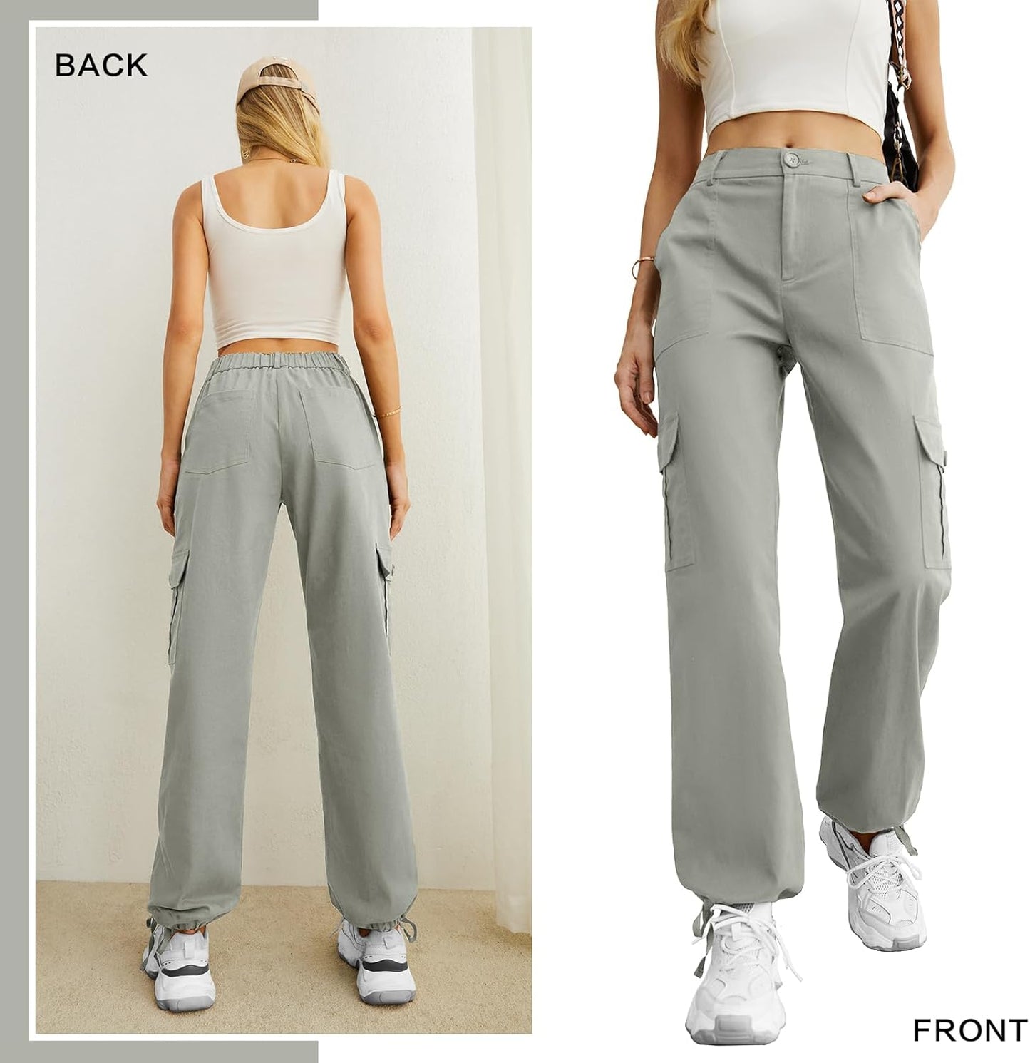 Lepunuo Women's High Waisted Cargo Pants Travel Y2K Streetwear Baggy Stretchy Pants with 6 Pockets Drawstring Ankle Cuffs