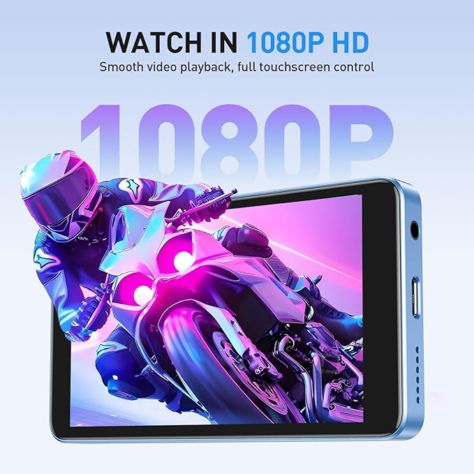 AGPTEK 96GB MP3 Player with Bluetooth and WiFi, T08X 4'' Android 14 MP4 Music Player with Spotify, Audible, APP Store, Up to 1TB, Blue