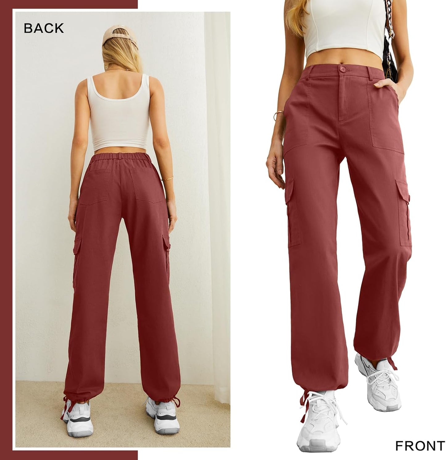 Lepunuo Women's High Waisted Cargo Pants Travel Y2K Streetwear Baggy Stretchy Pants with 6 Pockets Drawstring Ankle Cuffs