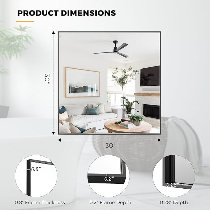 30x30 Inch Black Bathroom Mirror for Wall, Aluminum Frame Rectangle Rectangular Vanity Mirror, Modern Large for Bedroom, Living Room, Horizontal or Vertical