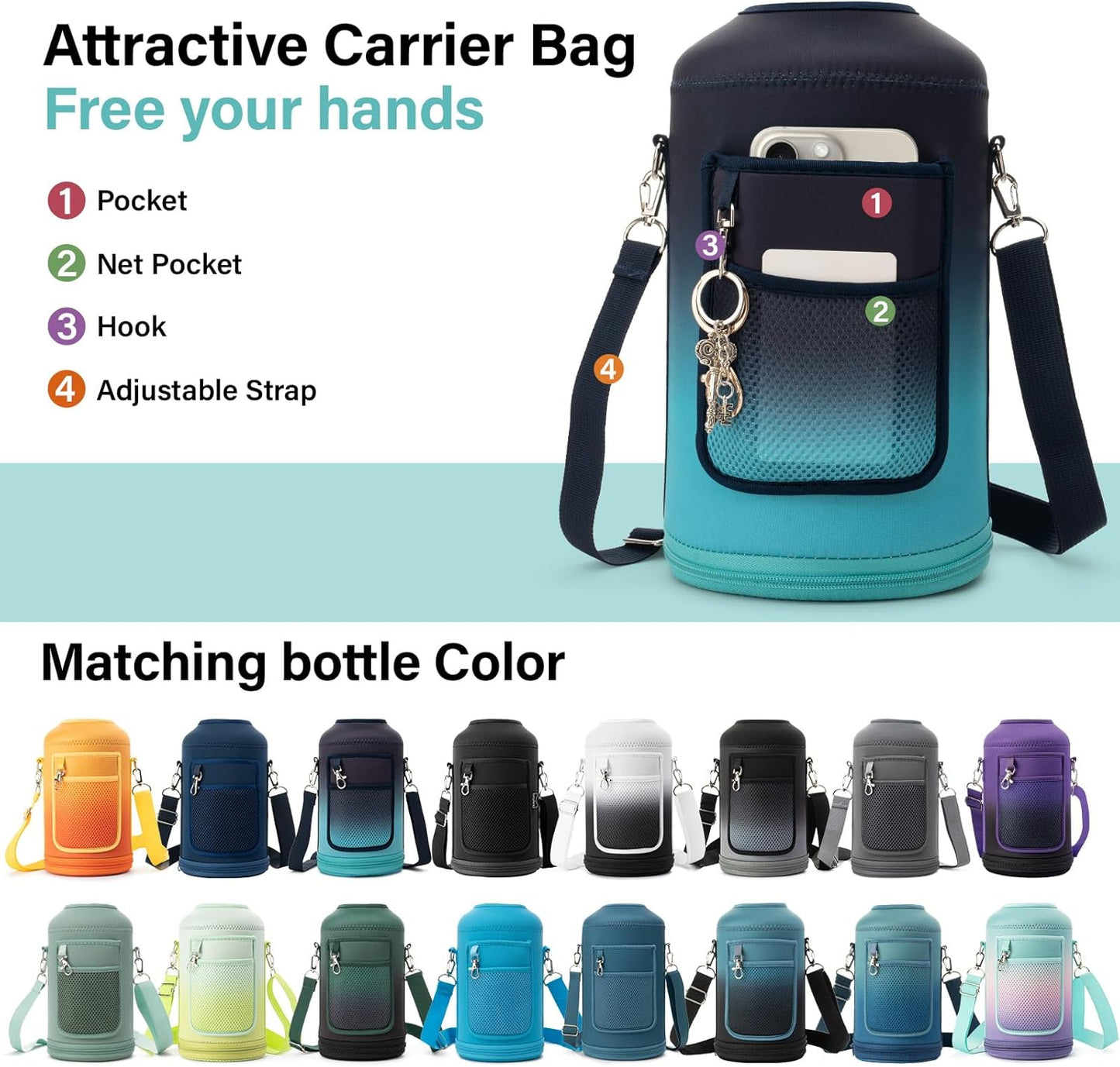 1 Gallon Water Bottle Insulated | Thickened Stainless Steel Vacuum Metal Water Jug | Portable Sports Large for Gym and Hiking with Straw, Carrier Bag, Handle Strap | BPA-Free 128 oz