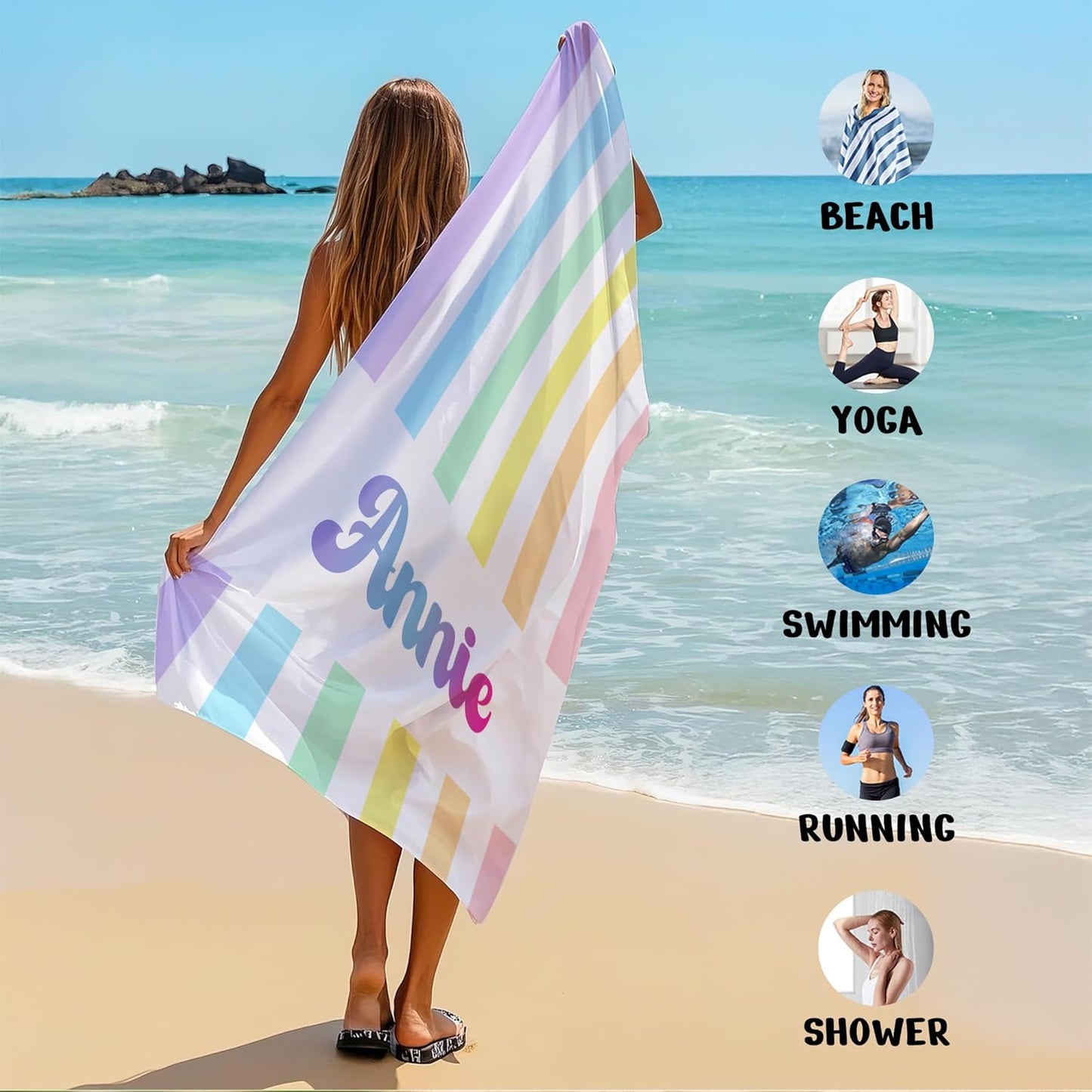 JML Personalized Beach Towel with Name, Custom Rainbow Cabana Stripe Beach Towel, Customized Microfiber Pool Towel, Quick Dry & Absorbent Swim Towel for Adult,Anniversary, Birthday, Summer Holiday
