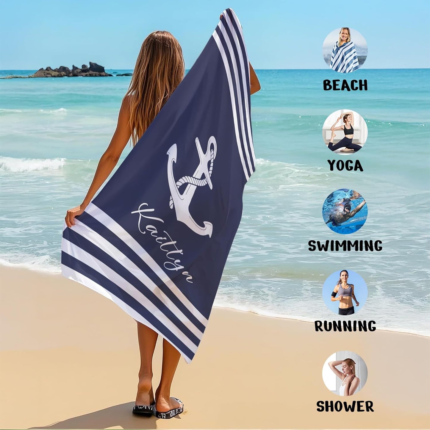 JML Personalized Beach Towel with Name, Custom Anchor Beach Towel, Customized Microfiber Pool Towel, Quick Dry & Absorbent Swim Towel for Adult,Anniversary, Birthday, Summer Holiday,Vacation