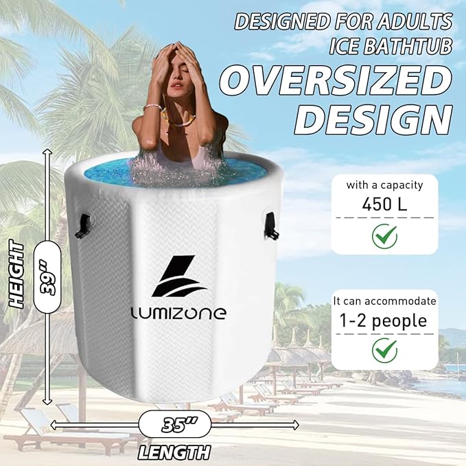Lumizone Inflatable Cold Plunge Tub 118 Gallons Capacity Ice Bath Portable Ice Bath Tub Compatible With Water Chillers with Lid Drop Stitch PVC Double Layer Seals Oversized for Athletes