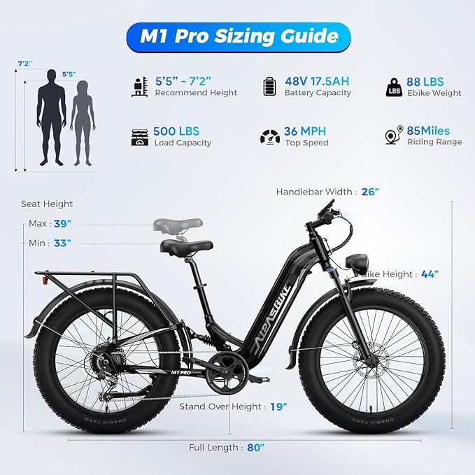 M1 Pro Electric Bike, 1800W Peak Motor Electric Bike for Adults, 48V 17.5Ah, 26'' x 4.0'' Fat Tire Electric Mountain Bike, Ebike with 85 Miles, 36MPH, 7 Speed 110Nm and Dual Suspension