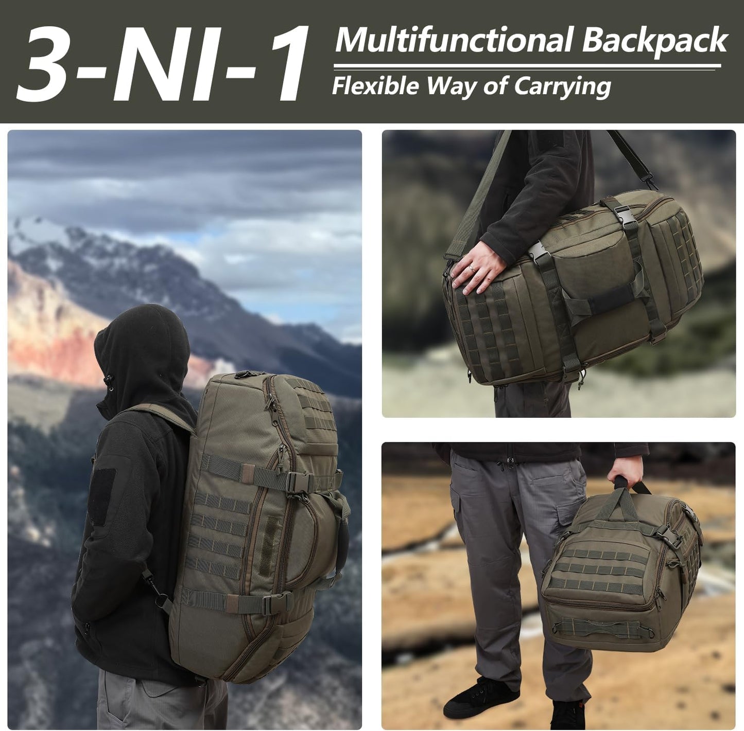 55L Large Duffle Bag, 3-in-1 Tactical Backpack MOLLE Pack for Sports, Gym, Outdoor, Olive Green