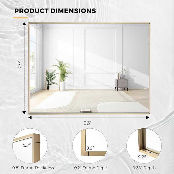 24x36 Inch Brass Bathroom Mirror for Wall, Aluminum Frame Rectangle Rectangular Vanity Mirror, Modern Large for Bedroom, Living Room, Horizontal or Vertical