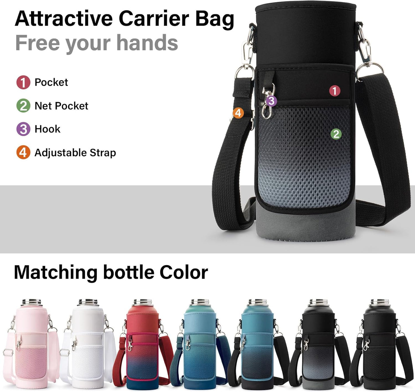 Insulated Water Bottle | Thickened Stainless Steel Vacuum Metal | Portable Sports Water Jug for Gym and Hiking with Straw, Carrier Bag, Handle Strap | BPA-Free 40 oz