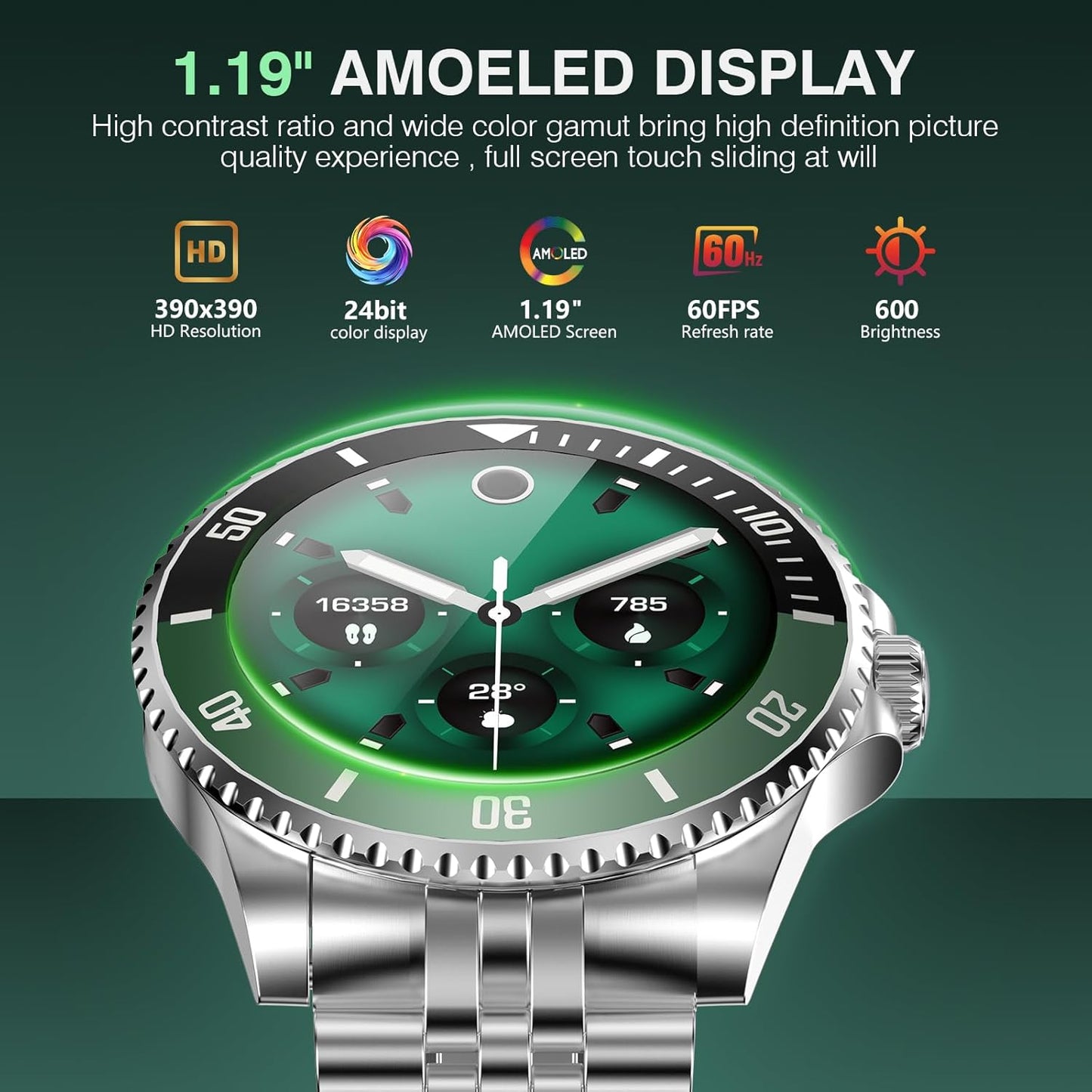 AI Smart Watch, DA GPT AI Waterproof Smartwatch, 1.19-inch AMOLED Display, 24/7 Heart Rate, Blood Oxygen, Blood Pressure, Sleep Monitor, 107 Sports Modes, Compatible Android and iOS Silver Green