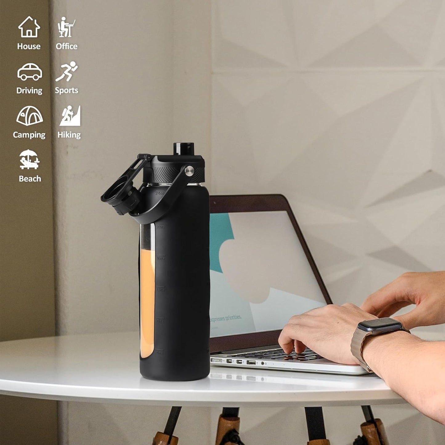 Kodrine Water Bottle with Straw, 24 oz Glass water Bottle with 2 Lids Bamboo Straw Lid and Spout Lid with Handle, 32 oz Clear Water Bottle Glass for Sports Travel, Waterbottle with Time Marker