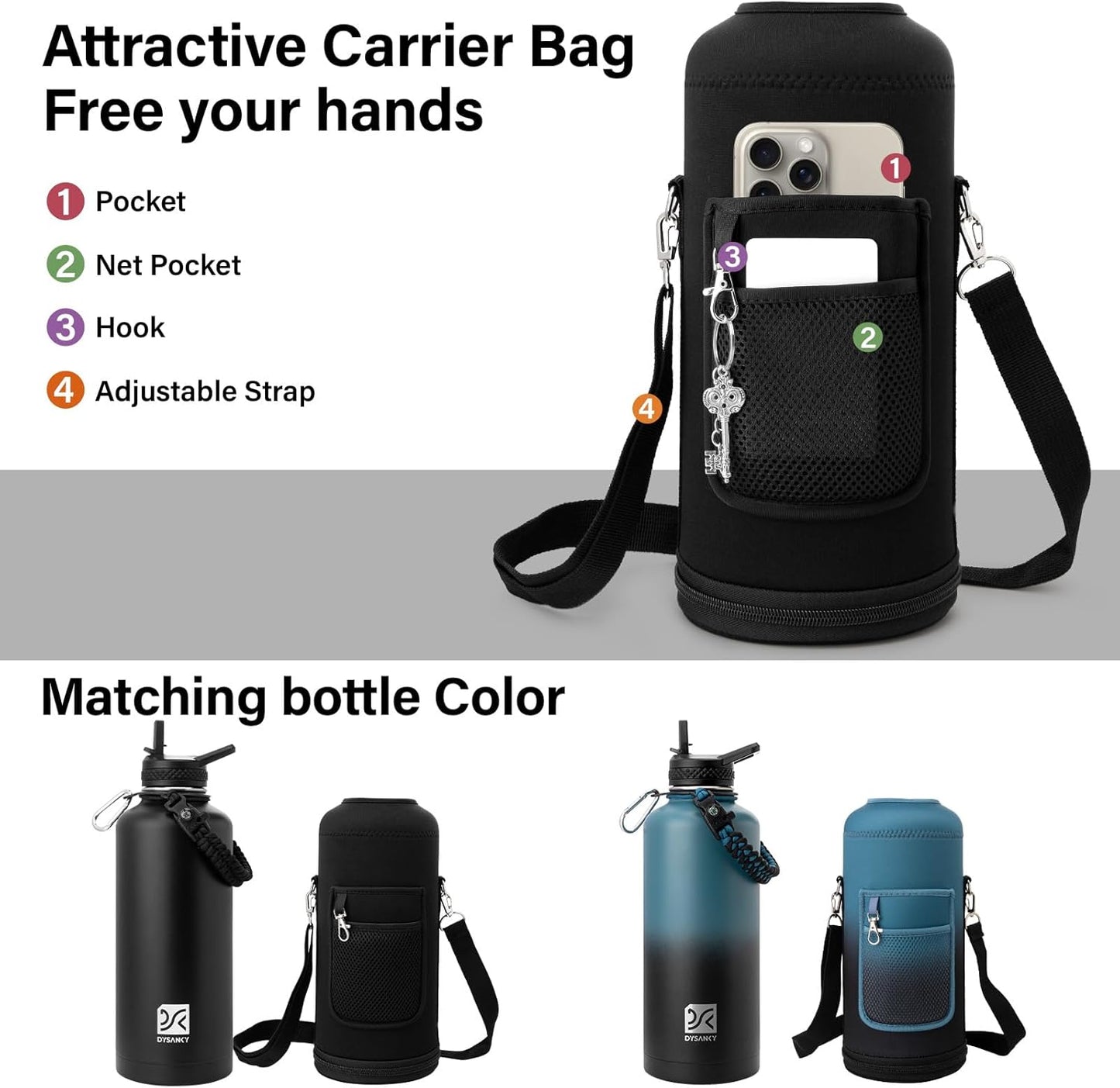 Insulated Water Bottle | Thickened Stainless Steel for Gym and Hiking with Straw, Carrier Bag, Handle Strap | BPA-Free 87 oz