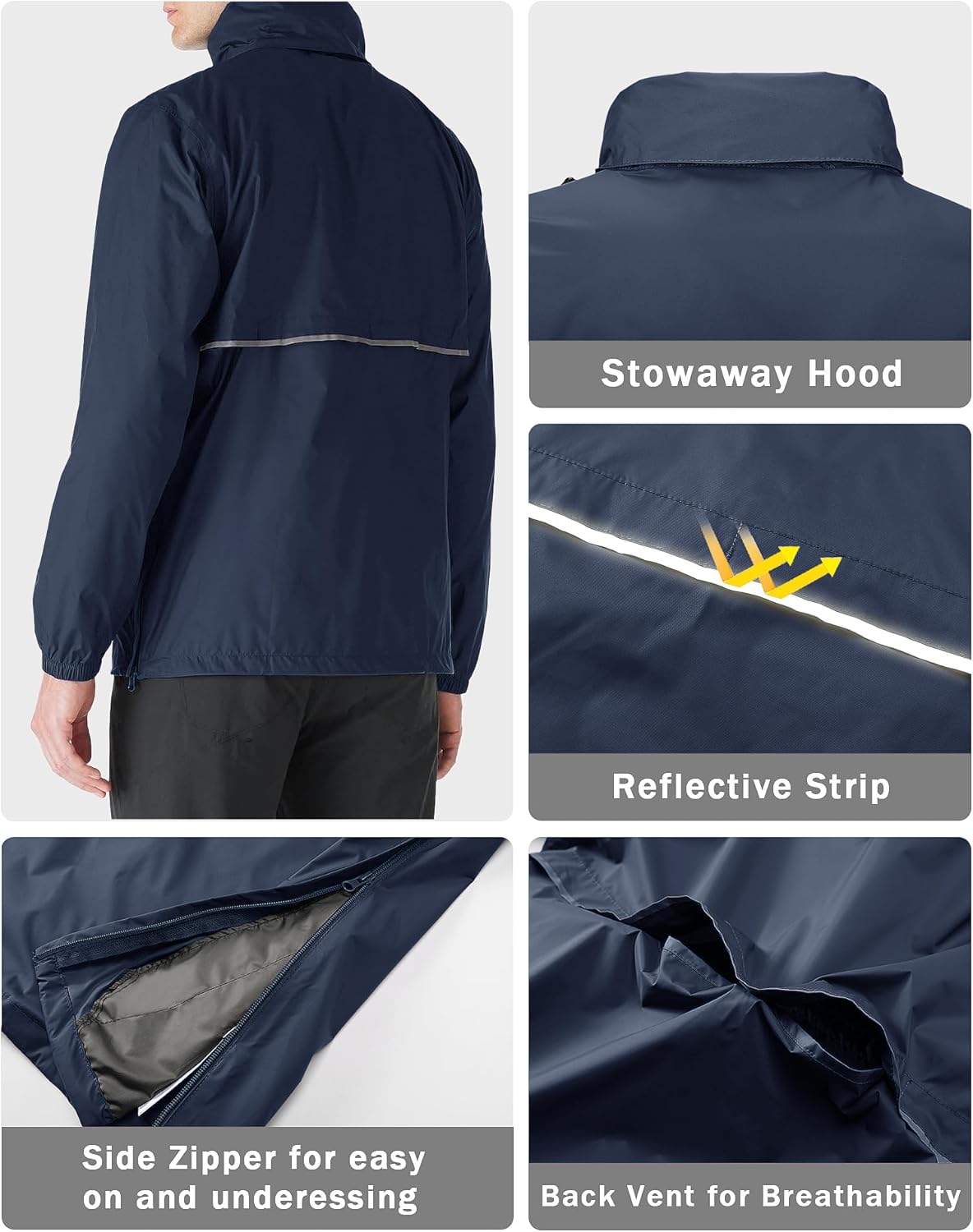33,000ft Men's Pullover Rain Jacket Waterproof with Hood Lightweight Packable Raincoat Windbreaker for Golf Travel