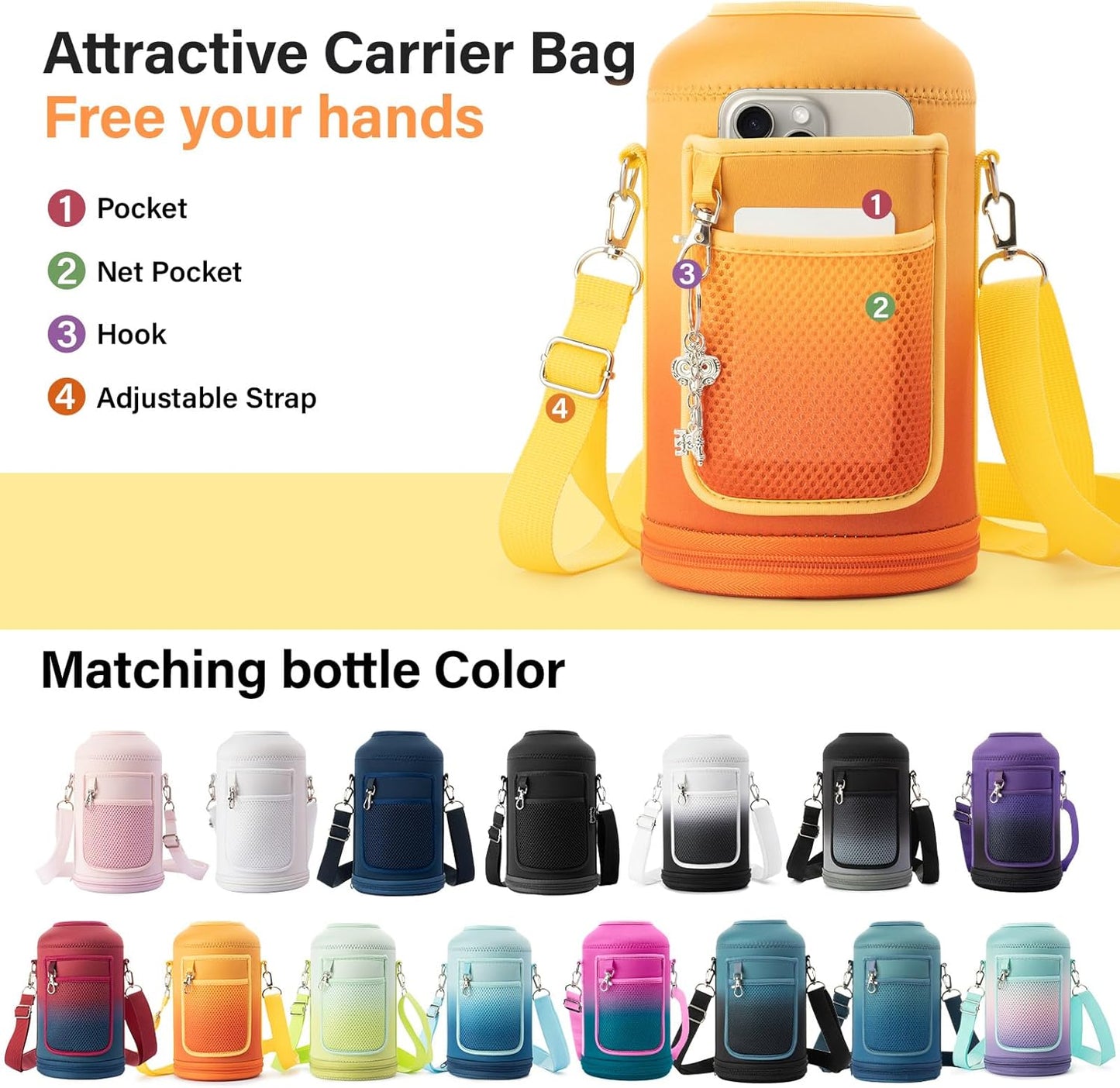 Insulated Water Bottle | Thickened Stainless Steel Vacuum Metal | Portable Sports Half Gallon Large Water Jug for Gym and Hiking with Straw, Carrier Bag, Handle Strap | BPA-Free 64 oz