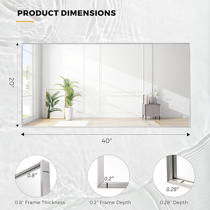 20x40 Inch Nickel Bathroom Mirror for Wall, Aluminum Frame Rectangle Rectangular Vanity Mirror, Modern Large for Bedroom, Living Room, Horizontal or Vertical
