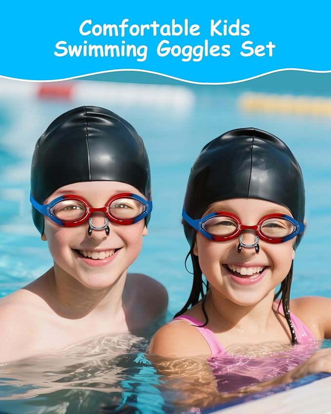 Kids Swim Goggles, Anti-fog and UV Protection with Swim Cap for Age 3-15 Youth Boys Girls Toddler
