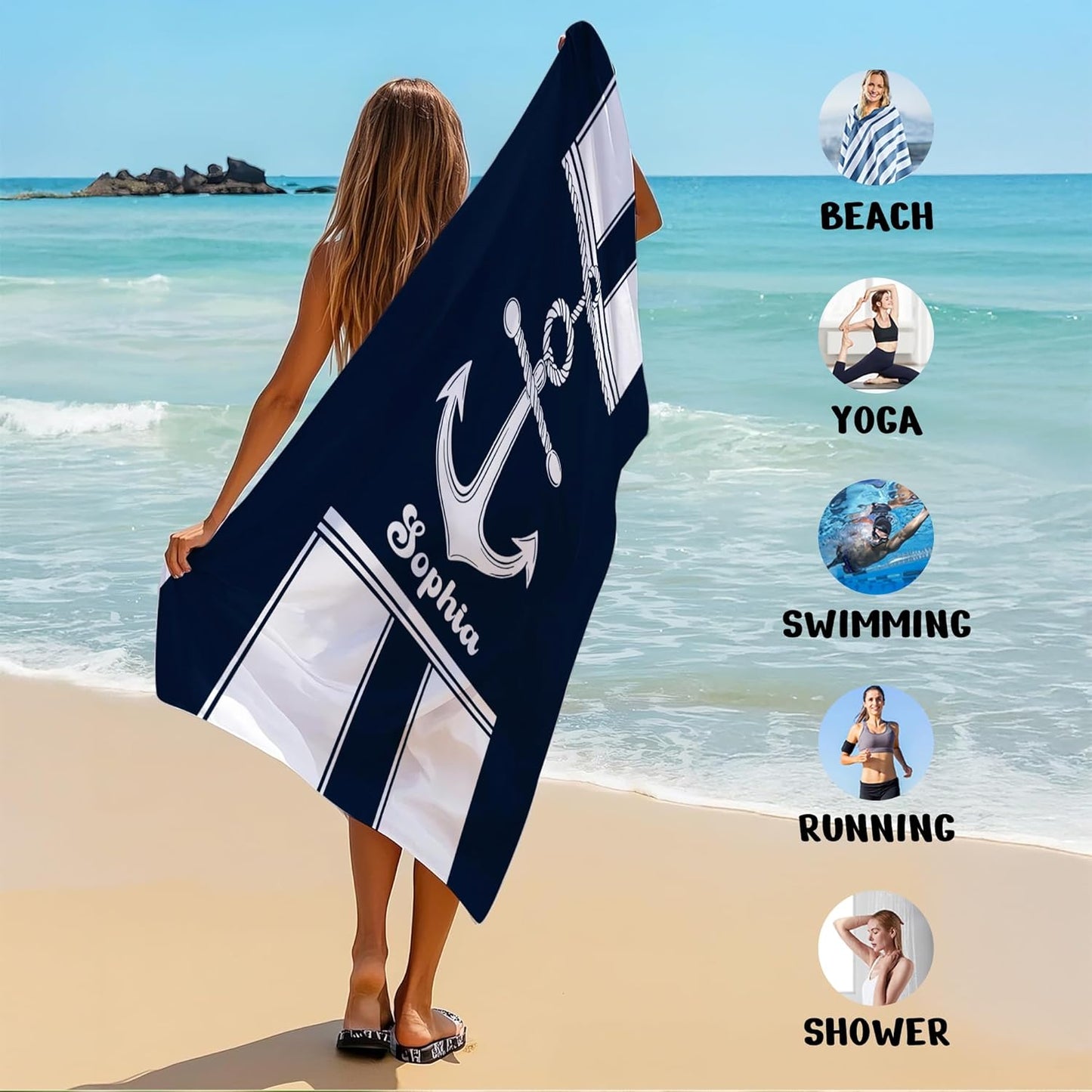 JML Personalized Beach Towel with Name, Custom Anchor Beach Towel, Customized Microfiber Pool Towel, Quick Dry & Absorbent Swim Towel for Adult,Anniversary, Birthday, Summer Holiday,Vacation